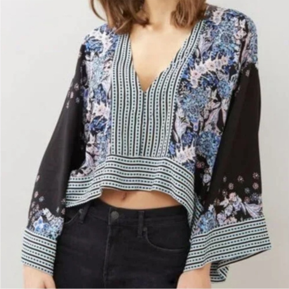 NEW Free People kimono crop top XSMALL Black pink blue